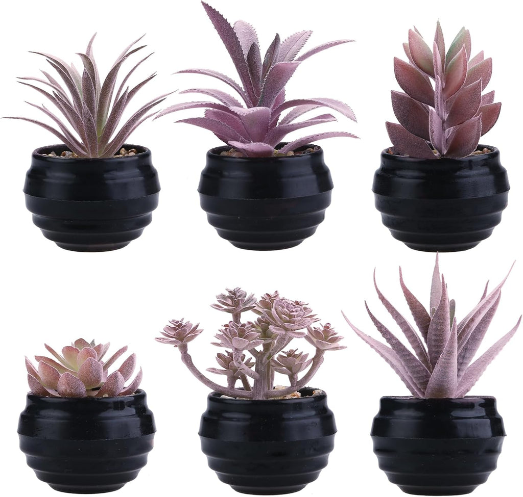 GREENTIME 6 Pcs Purple Artificial Succulent Plants in Mini Black Plastic Pots Small Fake Succulent Plant Faux Indoor Decor Bedroom Desk Bathroom Office Living Room Table Shelf Home Decoration