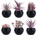 GREENTIME 6 Pcs Purple Artificial Succulent Plants in Mini Black Plastic Pots Small Fake Succulent Plant Faux Indoor Decor Bedroom Desk Bathroom Office Living Room Table Shelf Home Decoration