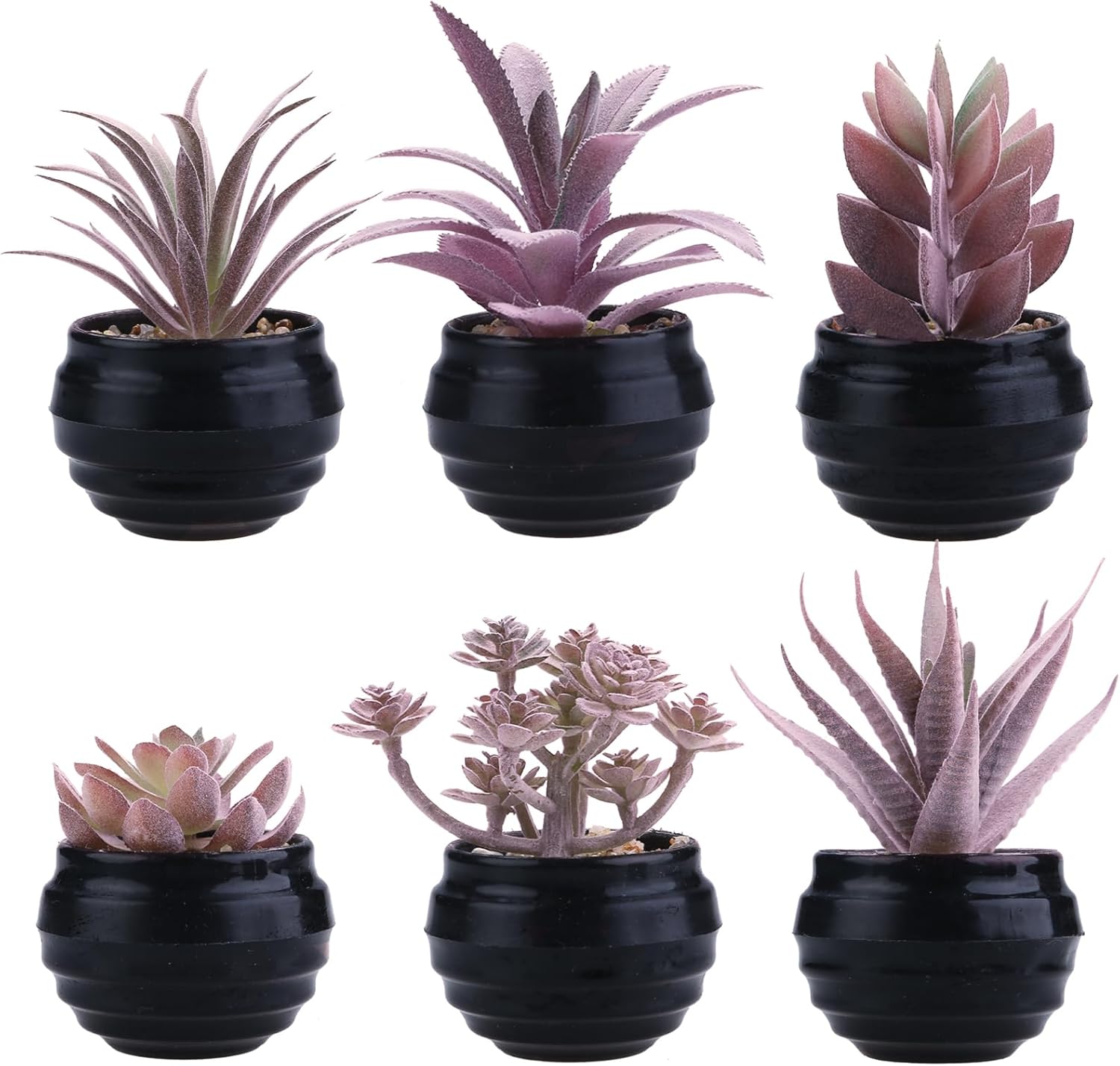 GREENTIME 6 Pcs Purple Artificial Succulent Plants in Mini Black Plastic Pots Small Fake Succulent Plant Faux Indoor Decor Bedroom Desk Bathroom Office Living Room Table Shelf Home Decoration