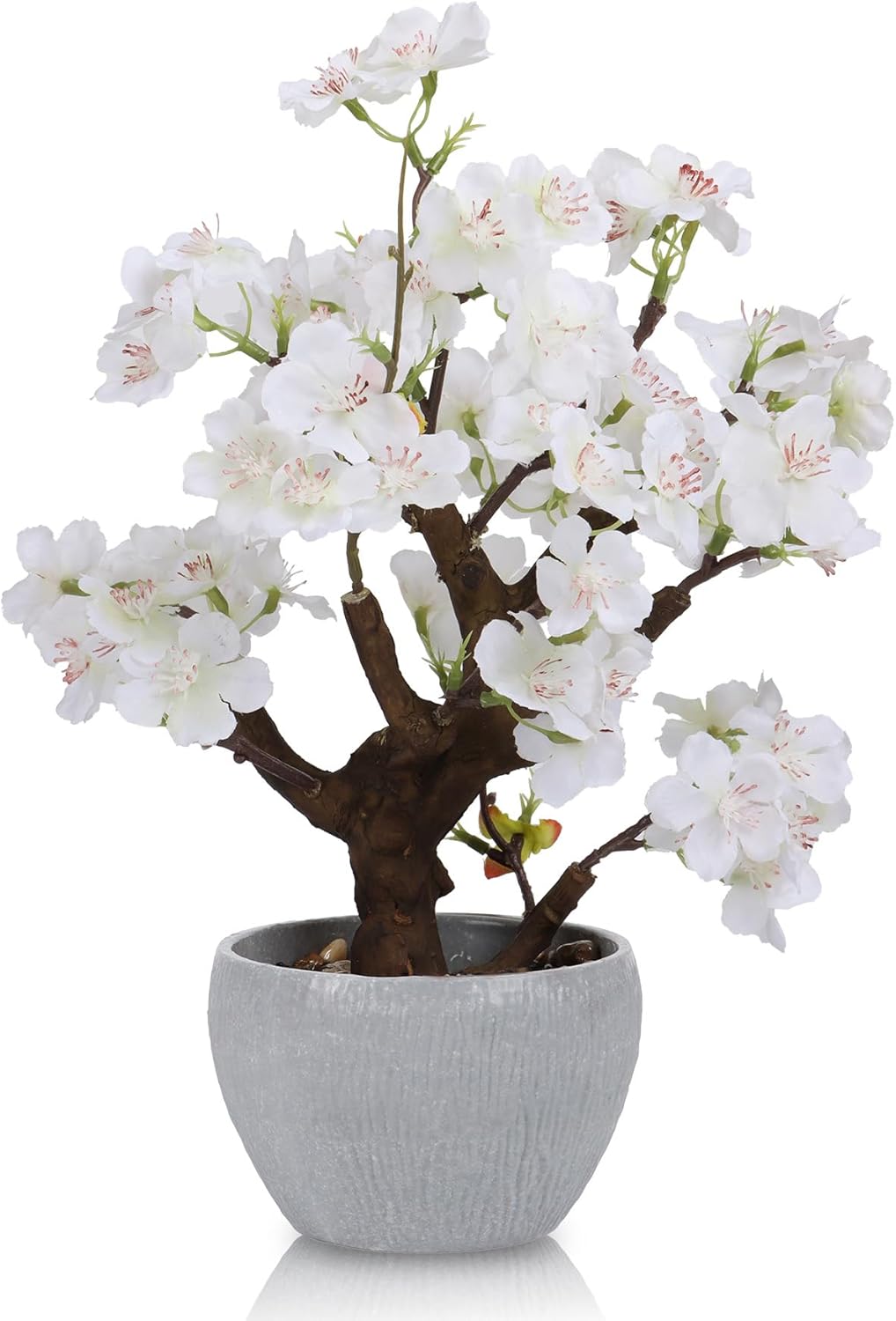 TOARTi Artificial White Cherry Blossom Potted Plant with Stone Pot, 12.6" Fake Flowers Potted Faux Plant Desk Decor, Realistic Decorative Plants Indoor Decor for for Home Bedroom Bathroom Office Desk