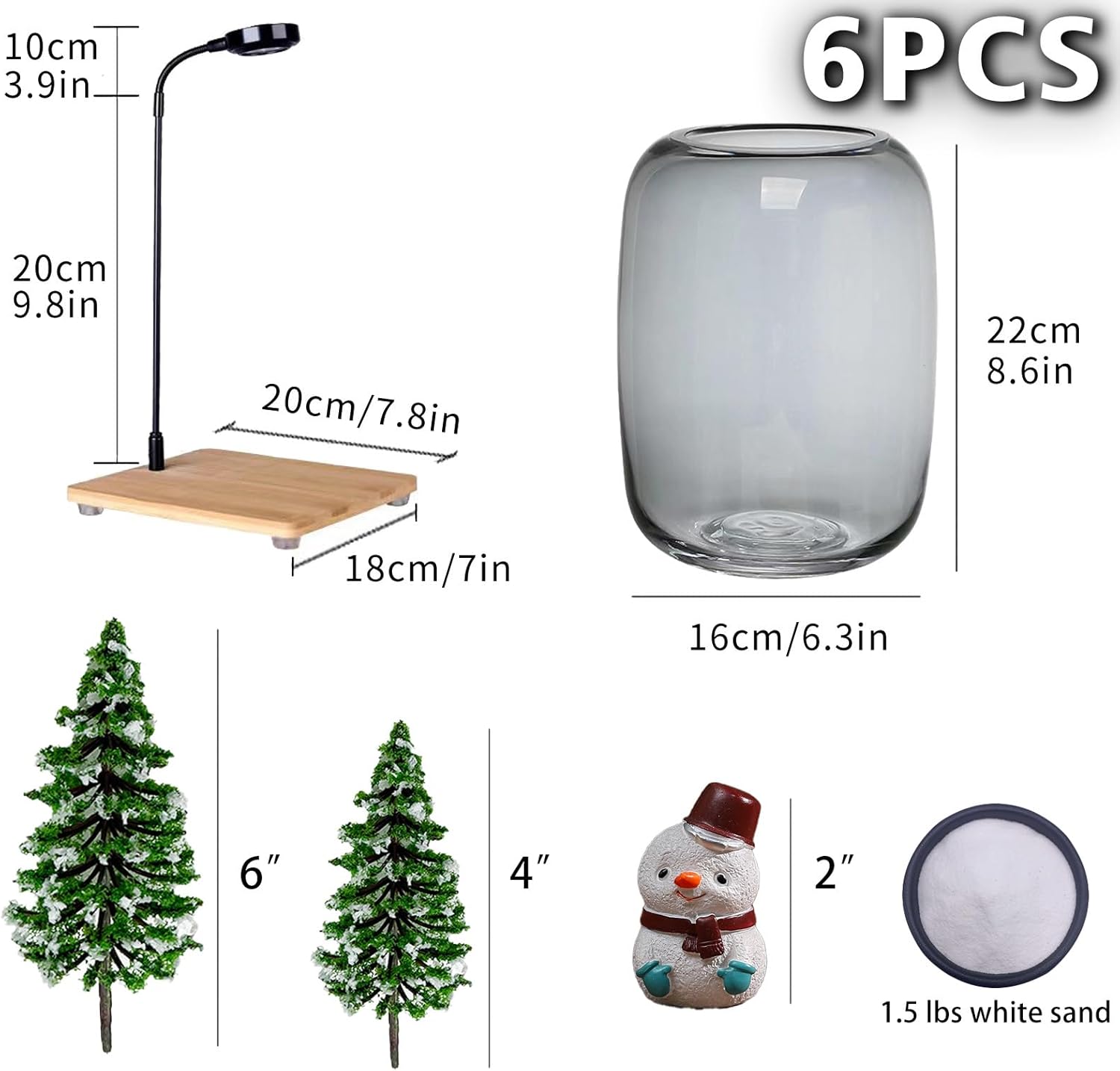 Glass Plant Terrarium Kit, 6.3"X8.6" Micro-Landscape Vase with Light, Snowman and Pine Trees, for Home Office Tabletop Decoration, Wardian, Unique