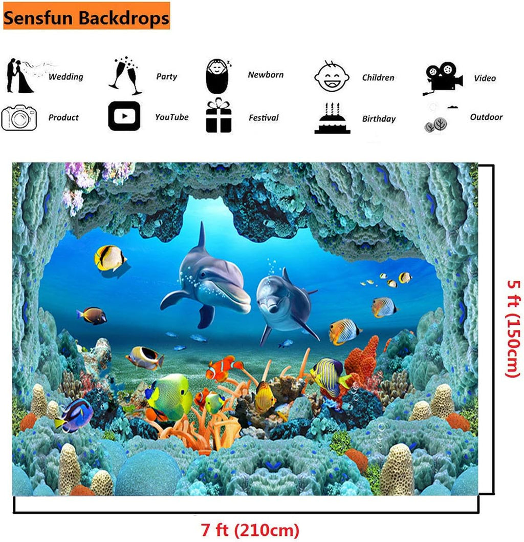 Sensfun 7x5ft 3D Underwater World Photography Backdrop Aquarium Coral Fish Under Sea Cave Dolphin Photo Background for Kids Newborn Happy Birthday Party Ocean Theme Children Photo Studio Props (WP124)