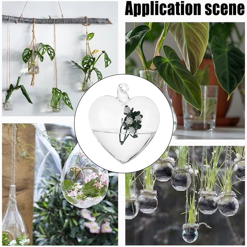 4pcs Glass Hanging Planter Air Fern Holder Hanging Hydroponic Vases with Jute Rope Terrarium Plants Hanger Vase Succulent Planter Terrariums for Moss Air Plants Christmas Decor (Heart)