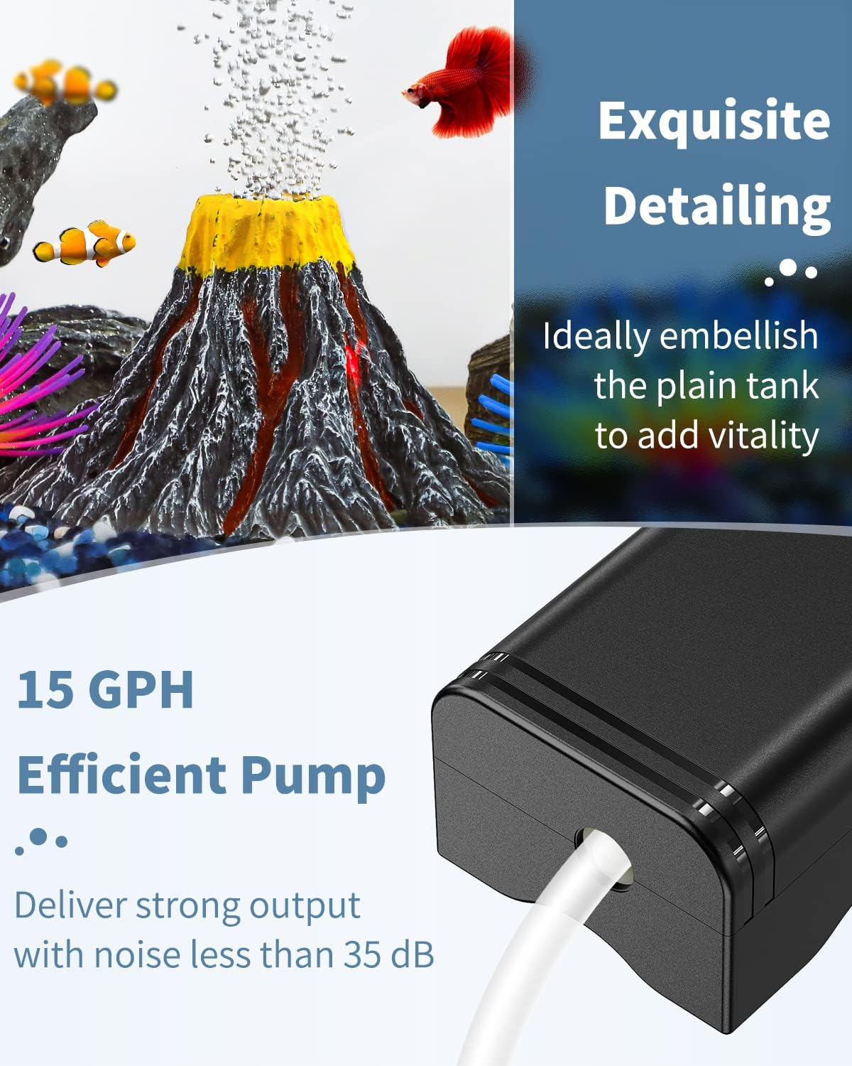 Uniclife Aquarium Volcano Ornament Kit Volcanic Eruption Decoration with Mini Air Pump Red LED Spotlight Air Stone Bubbler Airline Tubing Check Valve Fish Tank Resin Decor for Landscape and Aeration