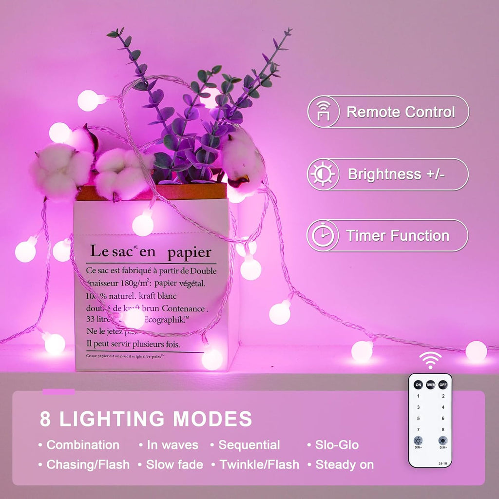 JMEXSUSS 100 LED Pink Christms Lights Indoor, Connectable Globe String Lights Plug in, 8 Modes 33ft Pink Fairy Light with Remote for Bedroom Girl's Room Tree Anniversary Party Christmas Decor