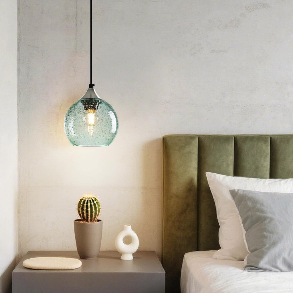 Light Green Glass Pendant Lights Kitchen Island Globe Pendant Light Fixtures Modern Pendant Lighting for Bedroom Living Dining Room Light Fixture (5.9 in, 2 Pack)