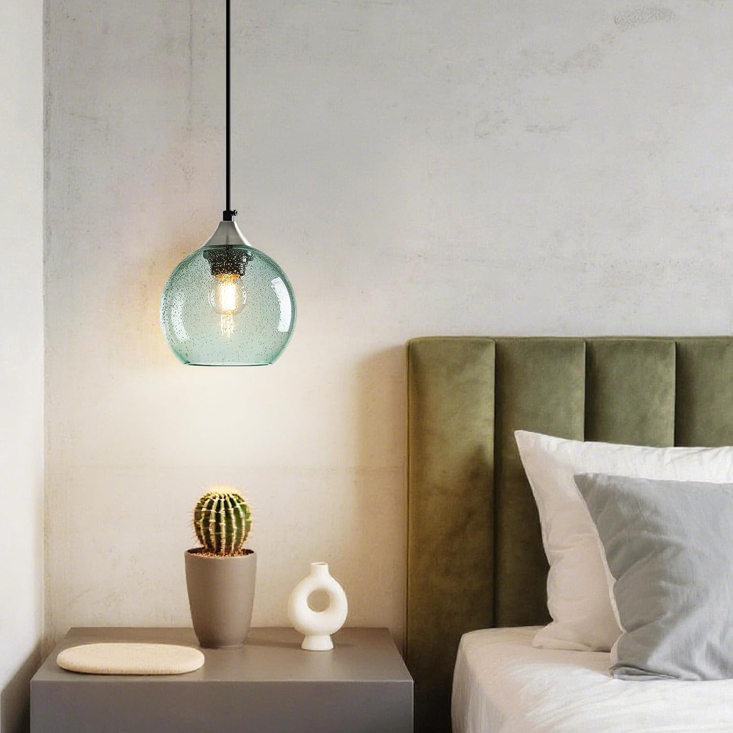 Light Green Glass Pendant Lights Kitchen Island Globe Pendant Light Fixtures Modern Pendant Lighting for Bedroom Living Dining Room Light Fixture (5.9 in, 2 Pack)
