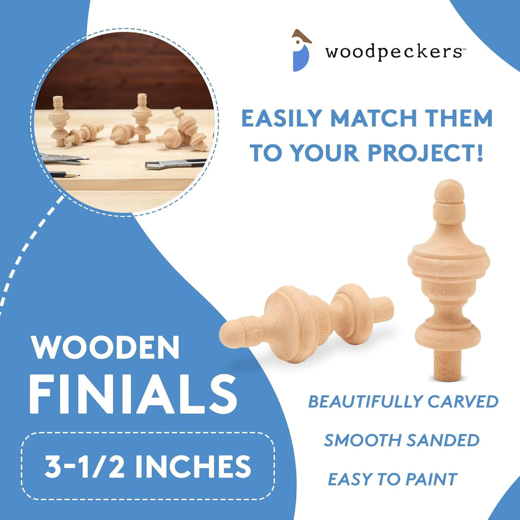 Unfinished Wood Finials Decorative, 3-1/2 inch, for Bed Post Finial, Curtain Rod Finials, Flagpole Topper, and Crafts, Pack of 4 Large Craft Finials, by Woodpeckers