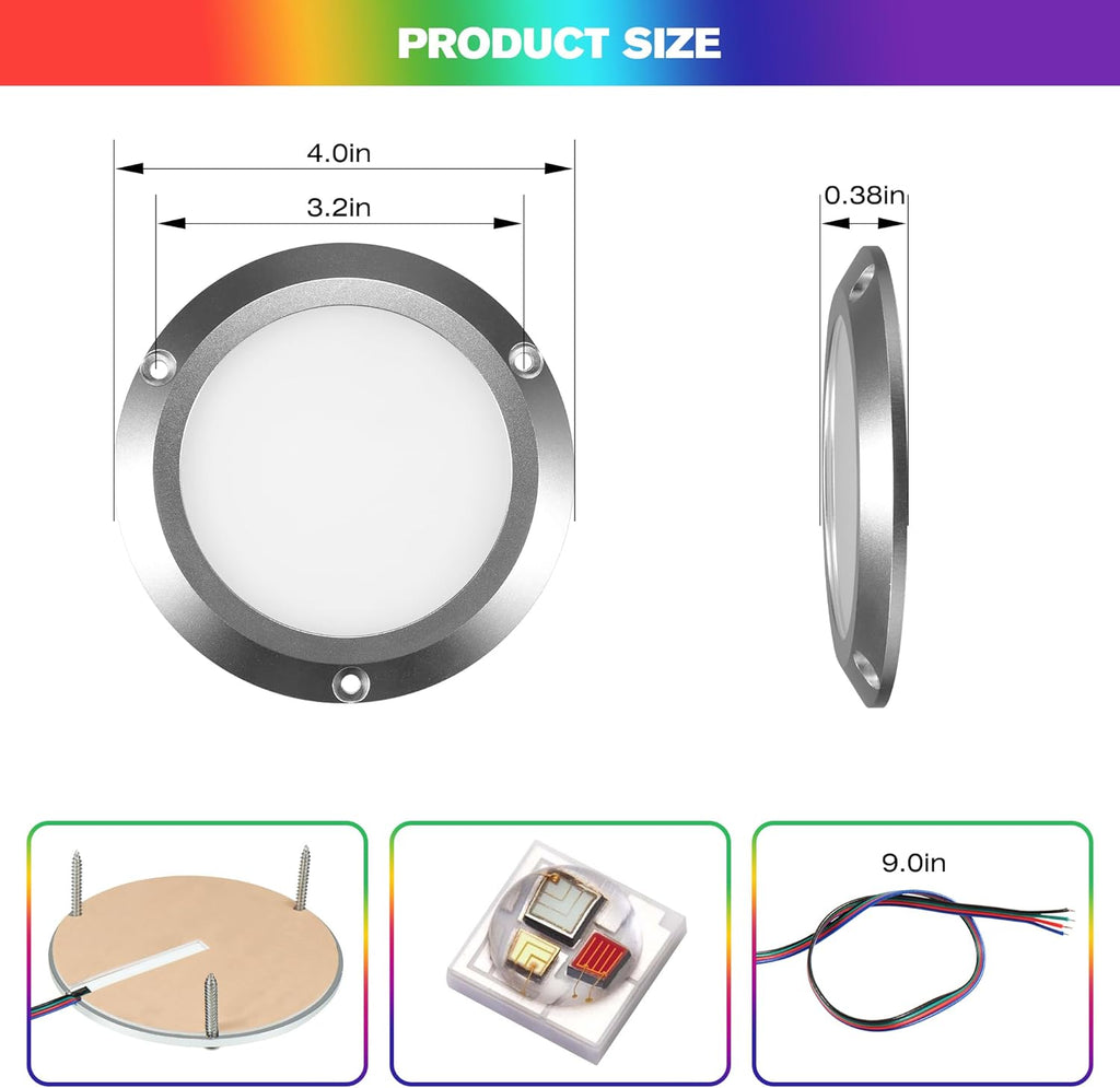 HUSUKU RS6-1 LED Marine Courtesy Light Boat Interior Light, 2PCS 4In RGB Marine Ceiling Dome Lights, IP65 DC12V 10W 1000LM All-Metal Body, Color Change LED Lighting for Yacht Transom Pontoon Deck RV