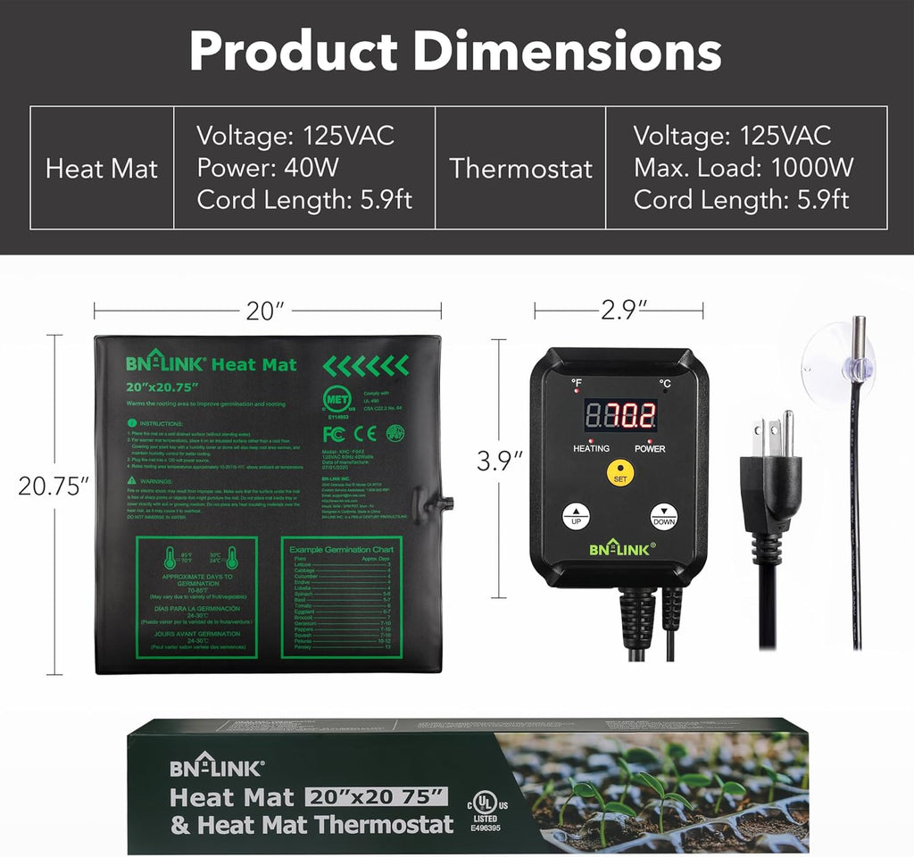 BN-LINK Seedling Heat Mat Heating Pad 20" x 20.75" with Digital Thermostat Controller Combo Set Waterproof for Indoor Seed Starting and Plant Germination
