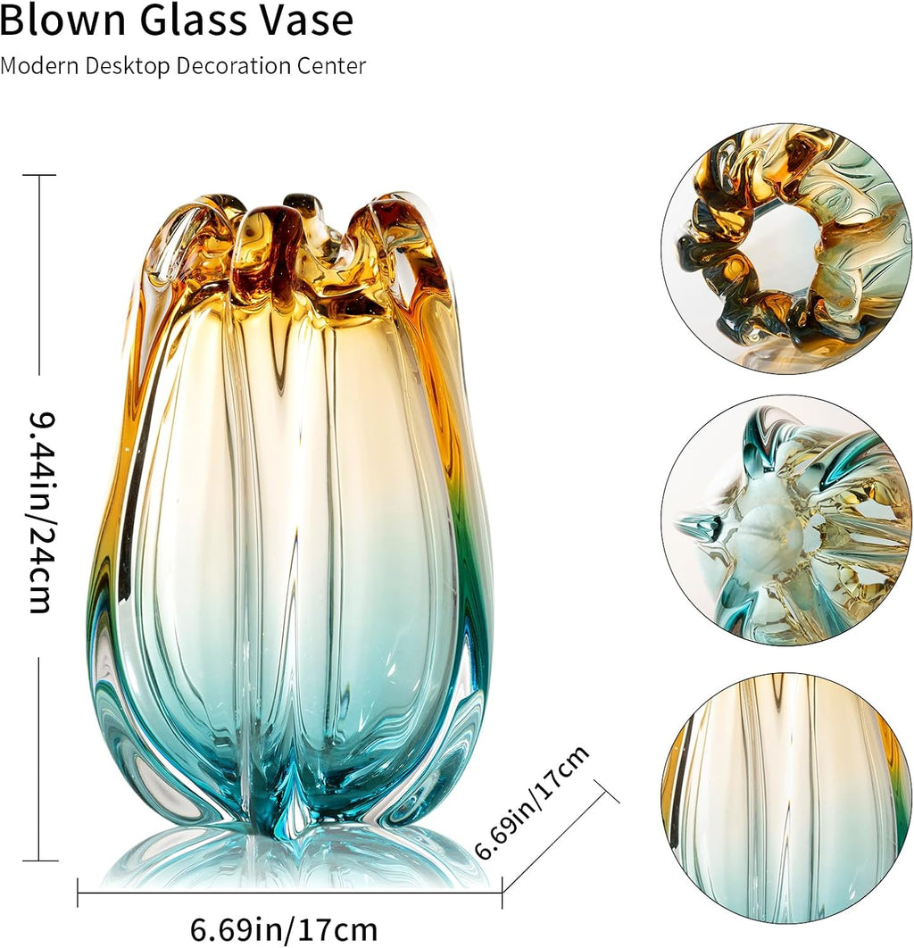 Hand Blown Glass Flower vases, Unique Glass vases, Wide Mouth vases, Small Modern Art Deco Glass vases for Home Living Room, Office, Table centerpieces, Bookshelves and Wedding Decorations