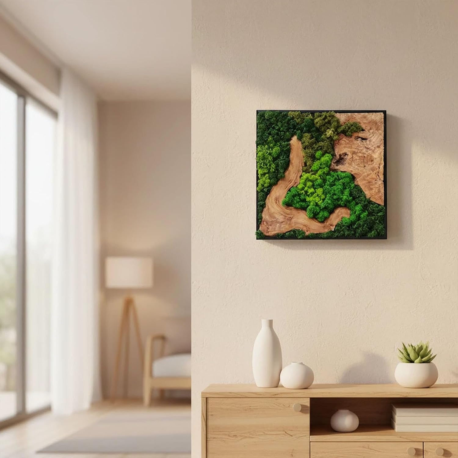 vadmepiop Natural Preserved Moss Wall Art with Real Wood Frame, Handcrafted Maintenance-Free Moss Wall Panel for Home Decor, Office, Restaurant, Bar & Cafe (Square, 11.81in)