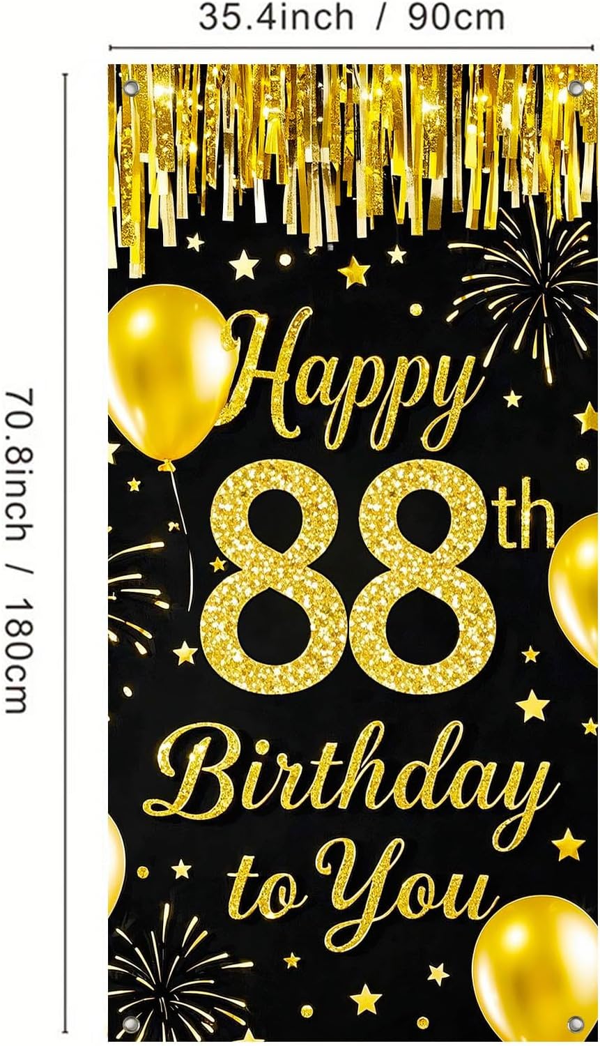 IVN 88th Birthday Door Cover 71x35 Inch Black Gold Birthday Banner for Party Decorations Balloons Stars Fireworks Backdrop Sign for Men Women Photo Booth Prop Wall Decor