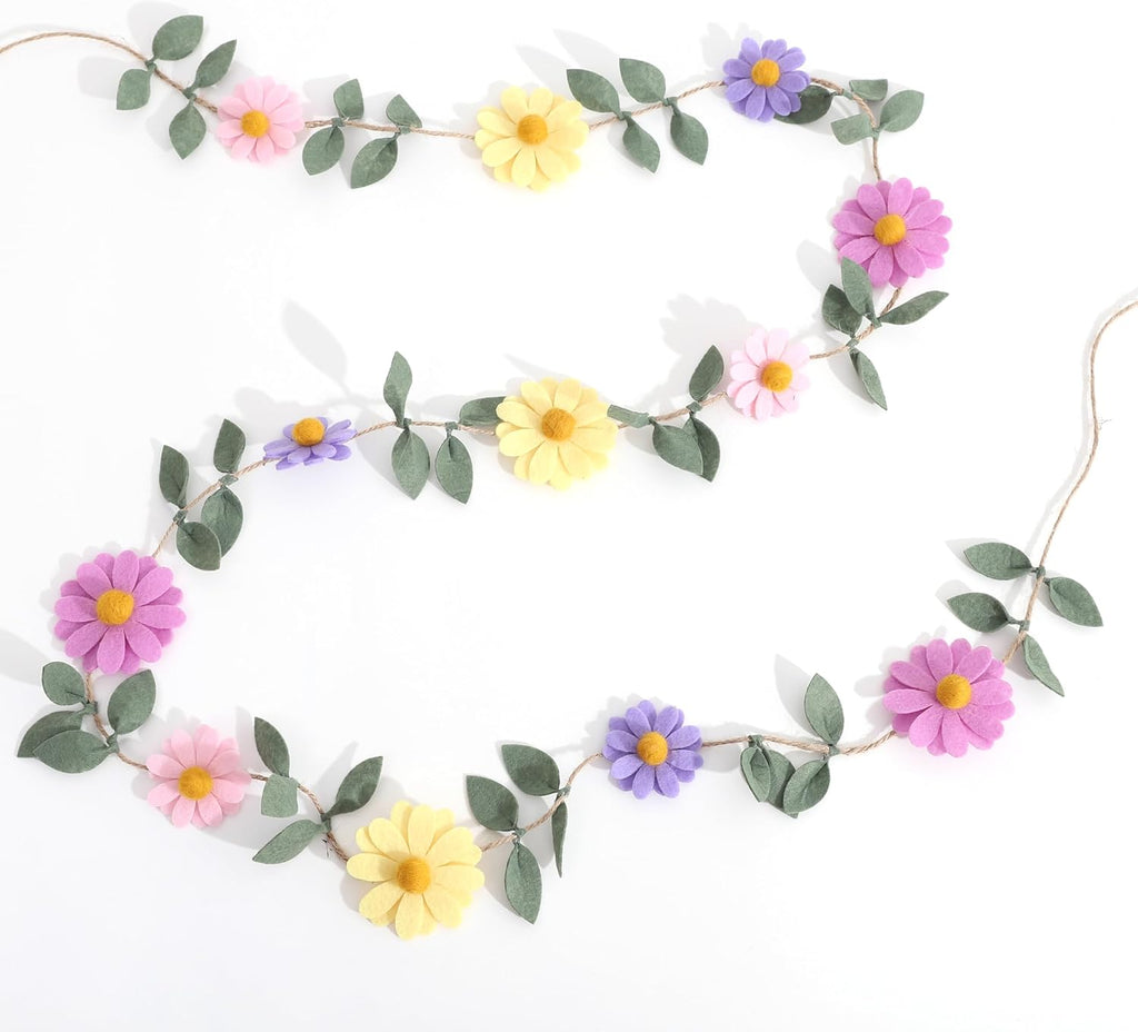 Felt Colorful Daisy Banner - Spring Birthday Wedding Party Decorations,Colorful Flowers Green Leaves Chain Garland,Flower Leaf Party Photo Props,Bohemian Daisy Home Room Hanging Garland
