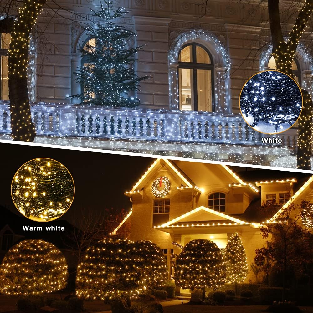 AmyHomie Color Changing Christmas Lights, 108Ft 300LED White Warm White String Lights, 8 Modes Waterproof Fairy String Lights for Outdoor & Indoor Christmas Tree Home Patio Garden Decor