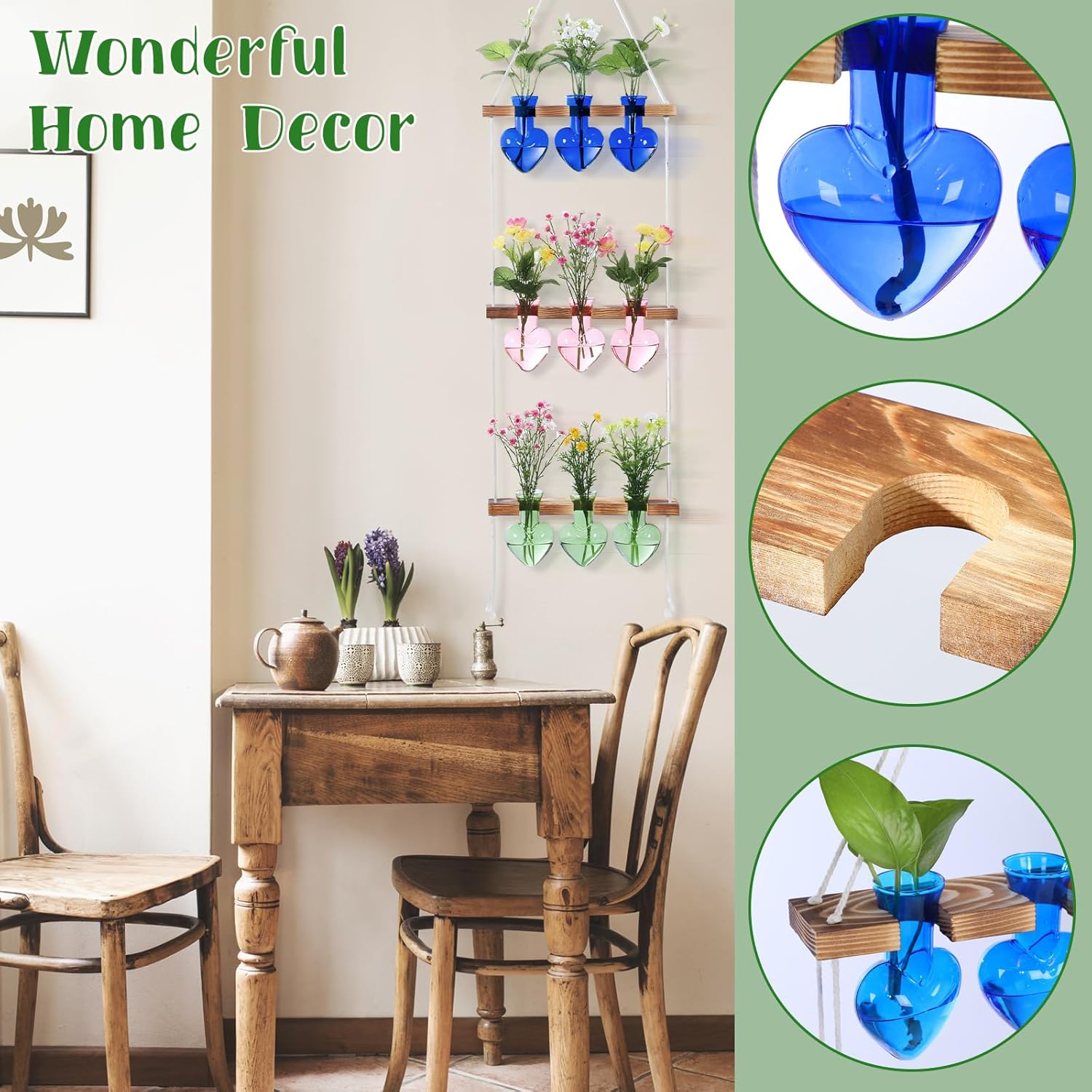 Leinuosen Plant Hanging Propagation Station Wall Hanging Planters Terrarium with 3 Tiered Wooden Stands for Home Garden Decor Hydroponics Plant Lovers Gifts- 9 Glass Vases(Heart Shaped,Multicolor)