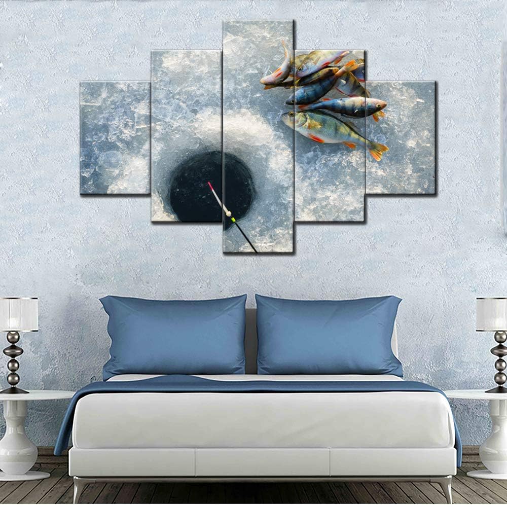 TUMOVO Multi Panel Wall Art Winter Fishing Pictures Many Fishes Paintings for Living Room Prints on Canvas Landscape Artwork Giclee House Decor Stretched and Framed Ready to Hang Gift(60''W x 40''H)