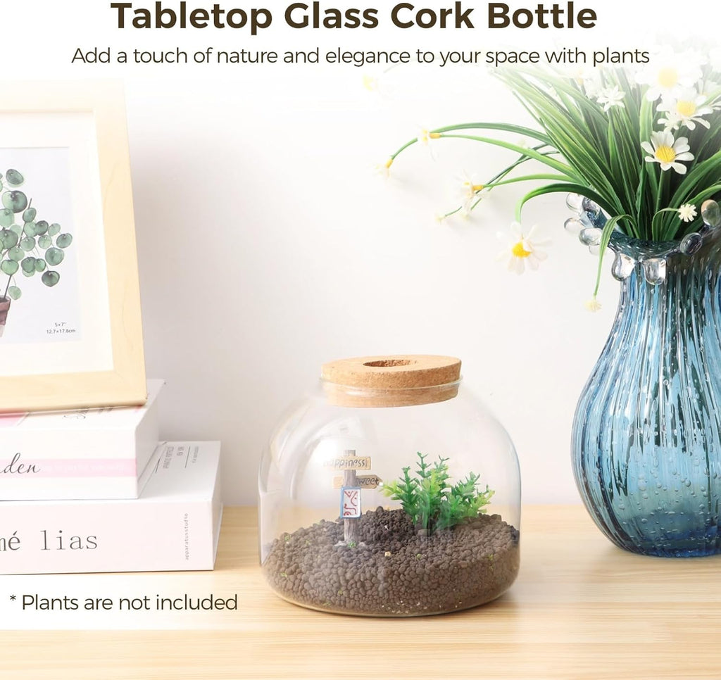 54 oz Glass Fish Bowl Vase with Cork Lid, Clear Bubble Planter Vase Globe Flower Centerpiece, 3 Inch Open Mouth Round Terrarium Vases, 6 Inch Diameter x 5 Inch Height (2PCS)