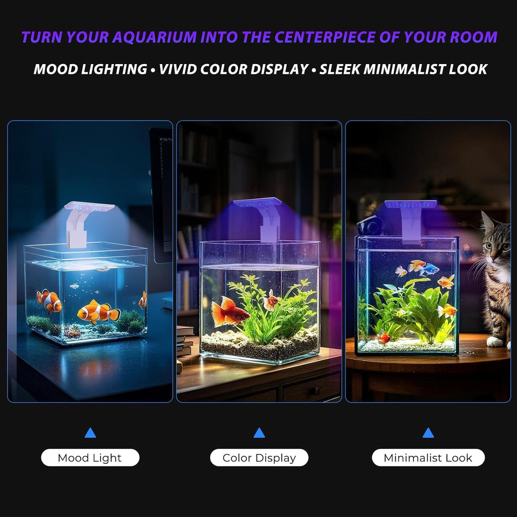 Mini Clip-On Aquarium Light 7W USB Dimmable Fish Tank Lamp with 3 Light Modes (Full Spectrum/White/RGB), 9-Level Brightness, Compact LED Light for 1–3 Gallon Aquariums