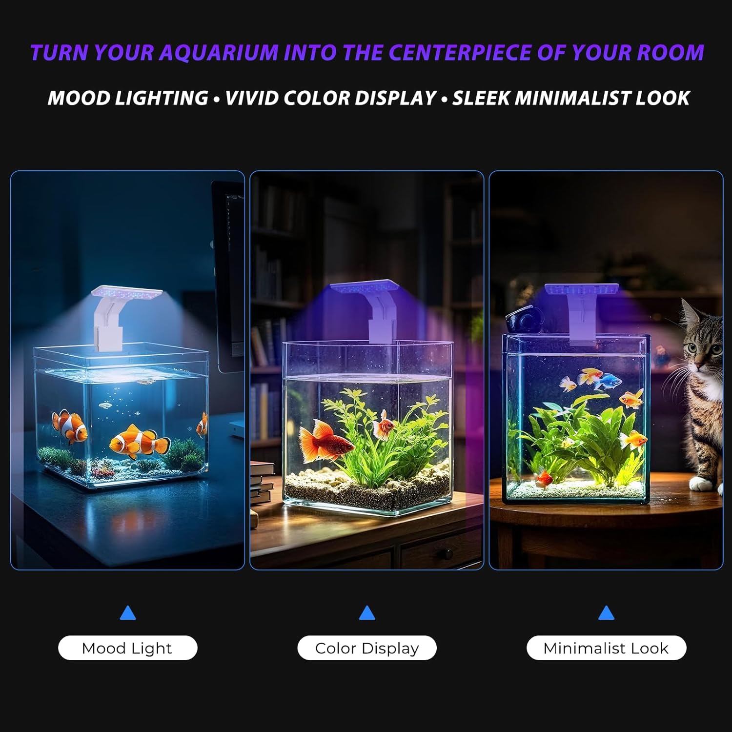 Mini Clip-On Aquarium Light 7W USB Dimmable Fish Tank Lamp with 3 Light Modes (Full Spectrum/White/RGB), 9-Level Brightness, Compact LED Light for 1–3 Gallon Aquariums
