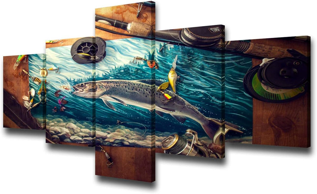 House Decorations Living Room Fishing Tackle Pictures Seascape Fish Paintings Multi Panel Canvas Wall Art Giclee Underwater World Artwork Framed Ready to Hang Poster and Prints Gift(50''Wx24''H)