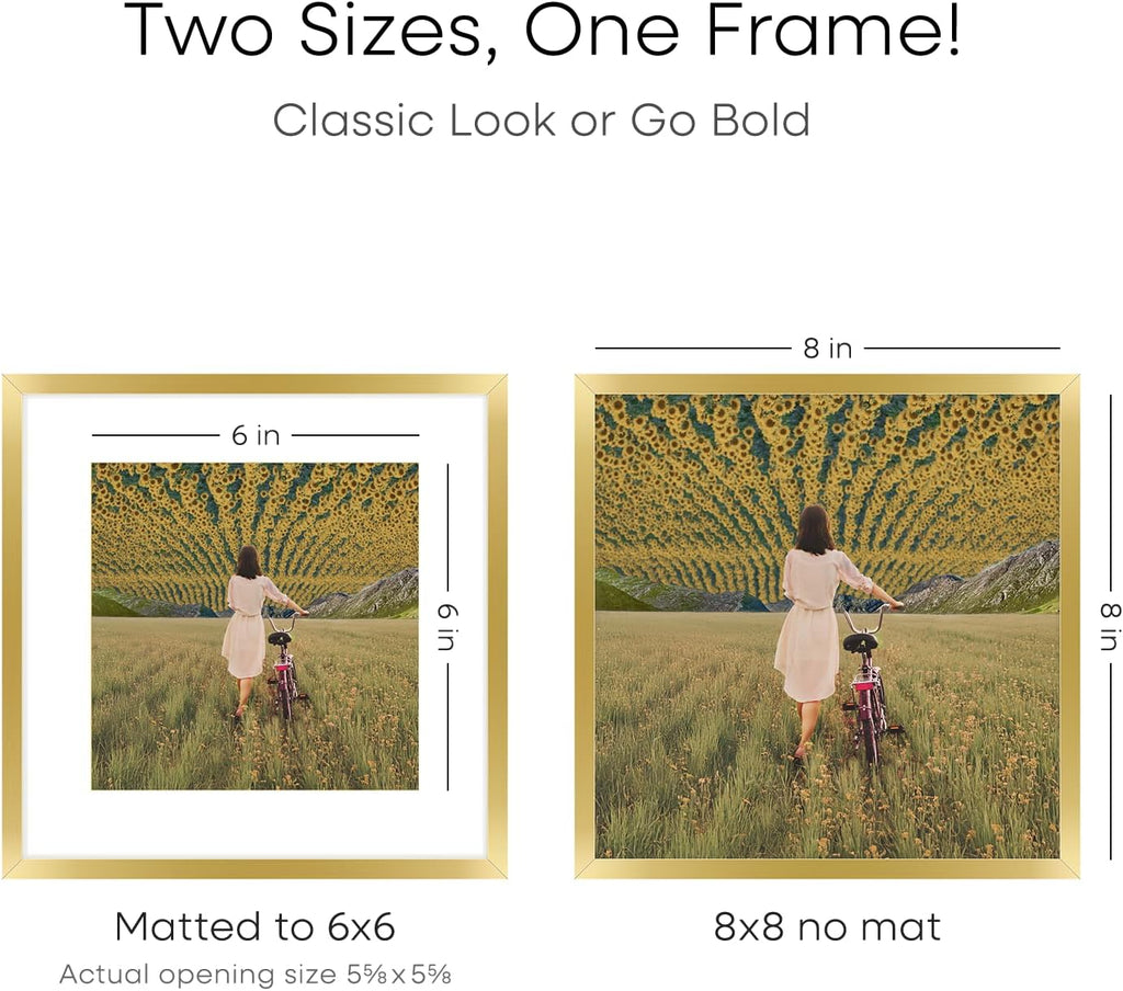 Homeforia 8x8 Picture Frame Gold, High End Metal 8 x 8 Square Photo Frames with Mat 6 by 6, 8x8 Poster Frame Matted to 6x6 inches Print, 8by8 Wall or Tabletop Frame, Tempered Glass, Wall Kit, Set of 4