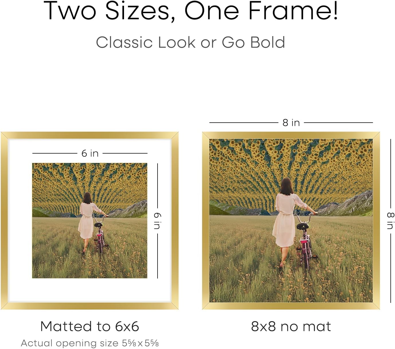 Homeforia 8x8 Picture Frame Gold, High End Metal 8 x 8 Square Photo Frames with Mat 6 by 6, 8x8 Poster Frame Matted to 6x6 inches Print, 8by8 Wall or Tabletop Frame, Tempered Glass, Wall Kit, Set of 3