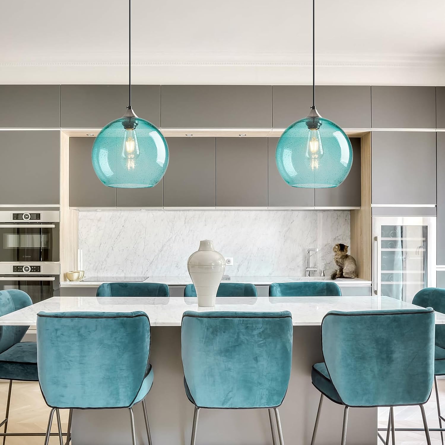 Light Blue Glass Pendant Lights Kitchen Island Globe Pendant Light Fixtures Modern Pendant Lighting for Bedroom Living Dining Room Light Fixture (9.84 in, 1 Pack)
