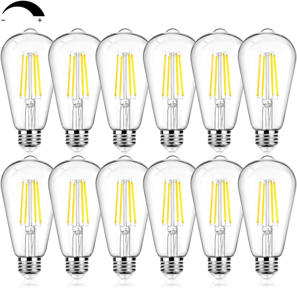 12Packs ST64 Large Vintage LED Edison Bulbs, 60W Equivalent 7W, 800Lumens, Dimmable Antique LED Filament, 5000K Cool White, E26 Medium Base Light Bulbs High Brightness Clear Glass for Bedroom Office