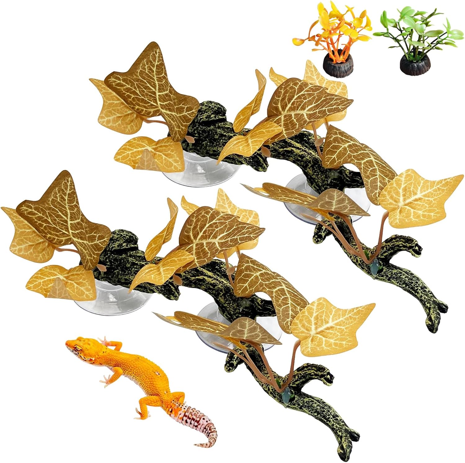 kathson 4 PCS Reptile Corner Branch Resin Snake Climb Tree Branch Decor Reptile Branches for Climbing with Suction Cups Frog Terrarium Plants for Lizard Bearded Dragons Gecko