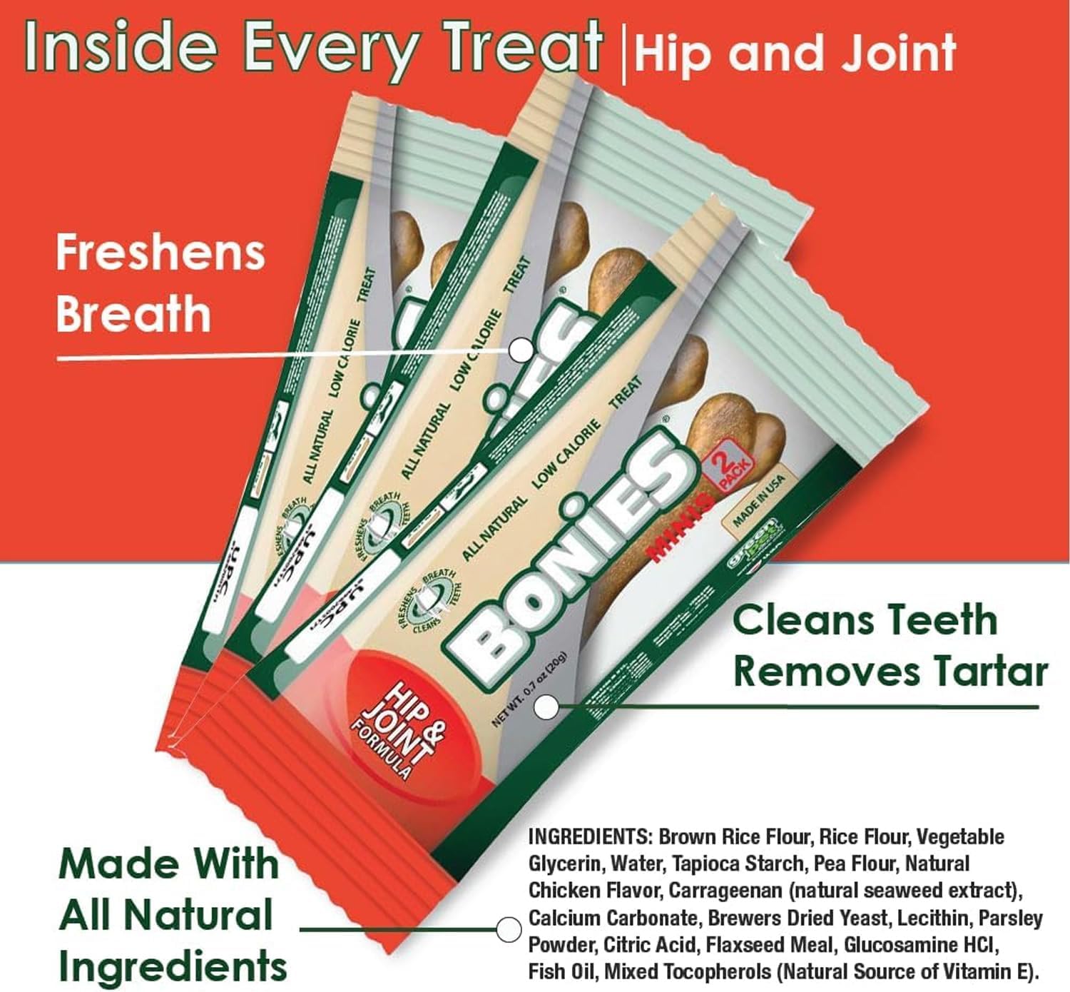 Bonies Natural Hip & Joint Formula Minis-Sized Single Bone, Glucosamine & Omega Fatty Acids, Fresh Breath, Clean Teeth, Low Calories, Chicken Flavor, MINI Dogs, 2 Bone Pack