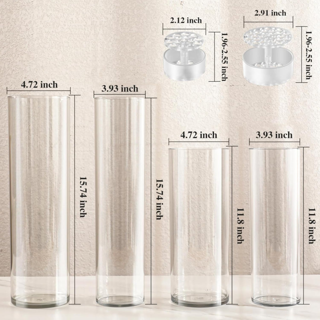 4 Large Acrylic Clear Cylinder Vase Set with 4 Spiral Ikebana Stem Holder Ring, Unbreakable Tall Plastic Hurricane Vases for Wedding Centerpieces Flower Bouquet Decor (4 Vases + 2 Holder)