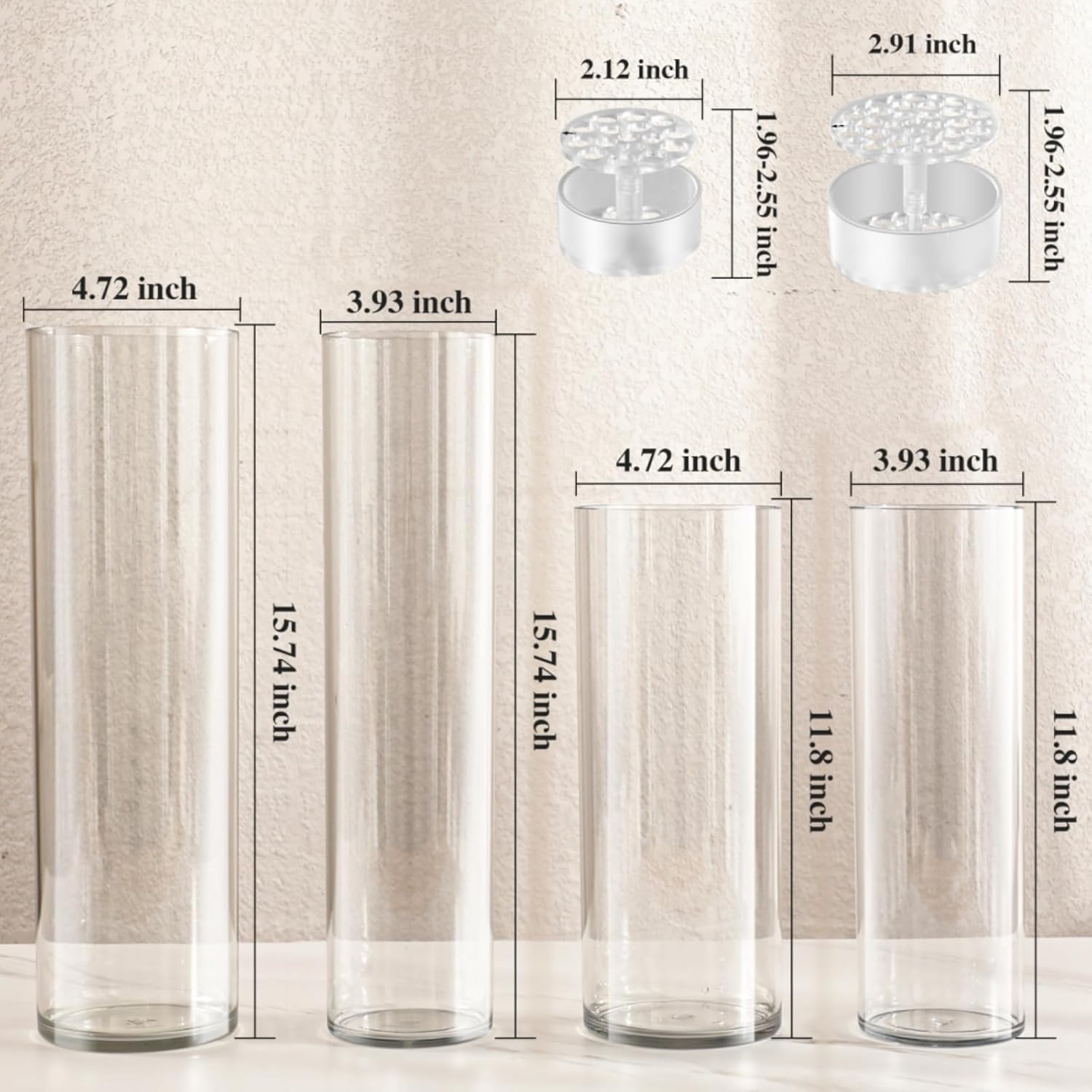 4 Large Acrylic Clear Cylinder Vase Set with 4 Spiral Ikebana Stem Holder Ring, Unbreakable Tall Plastic Hurricane Vases for Wedding Centerpieces Flower Bouquet Decor (4 Vases + 2 Holder)