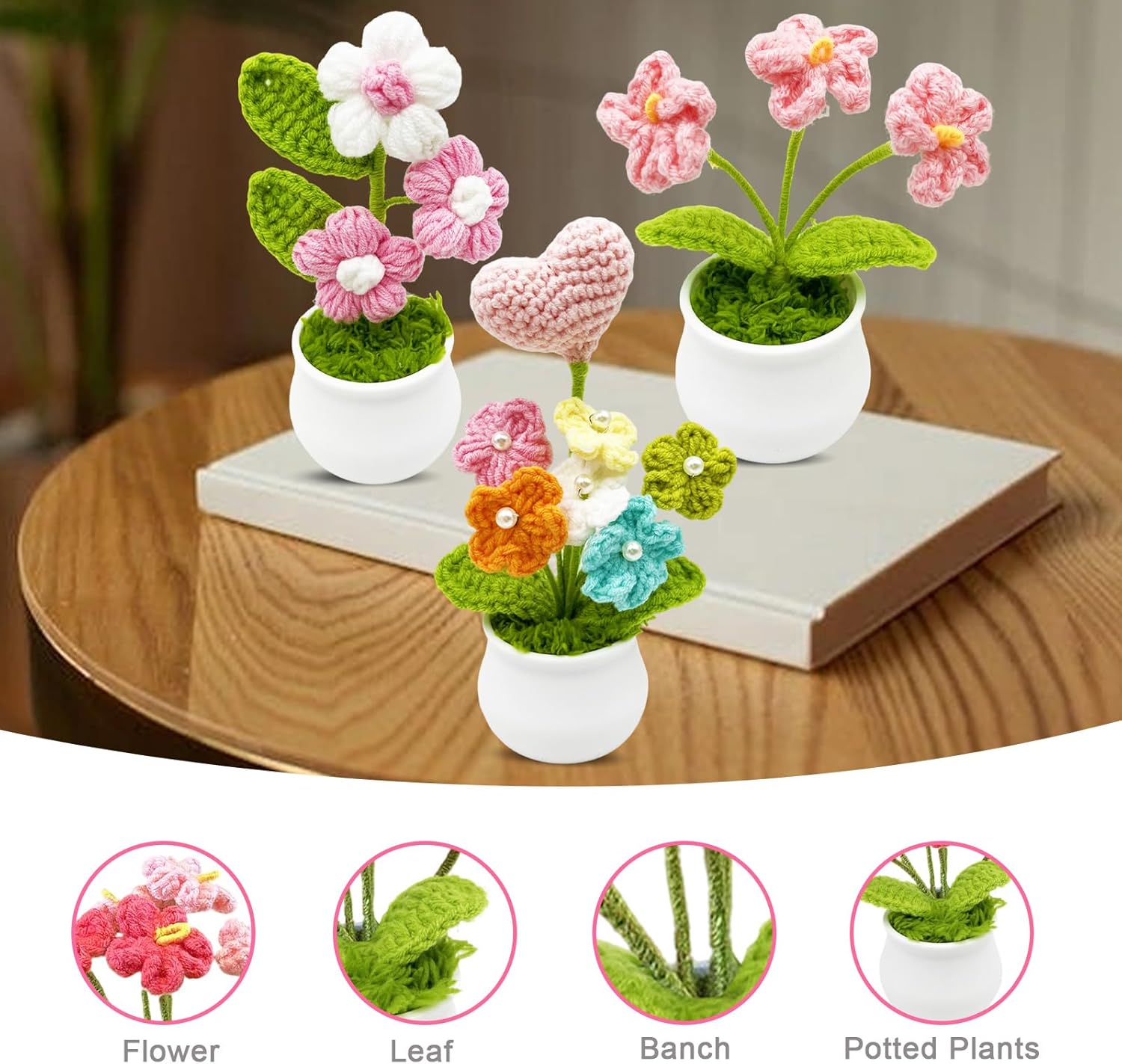 3pcs Crochet Flowers Cute Potted Flower,Mini Flower Bouquet for Mom Wife, Cute Desk Decor for Women,Artificial Handmade Flowers for Car Dashboard,Home Office Decoration (Color#8)