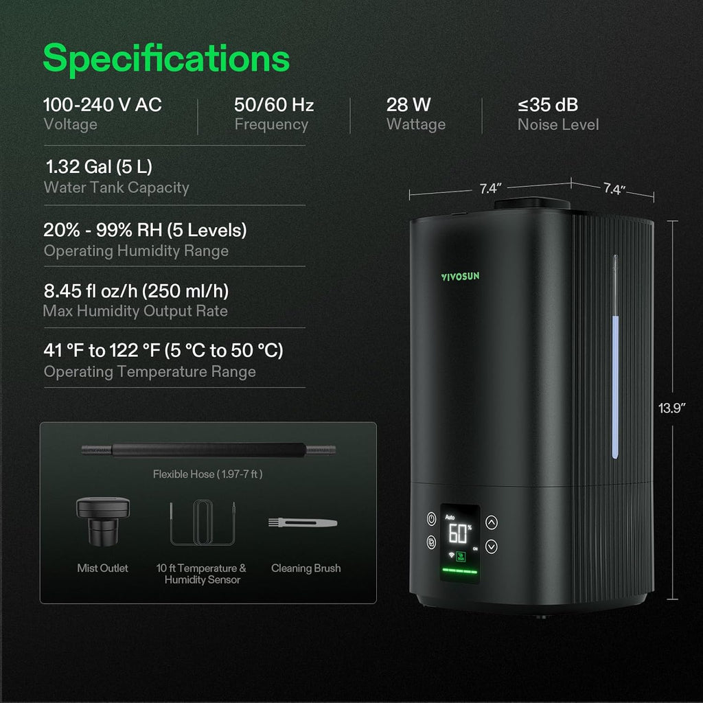 VIVOSUN AeroStream H05 Intelligent Wi-Fi Humidifier, 1.32 Gal / 5 L Humidifier with Temp & Humidity Probe, Smart Remote Control, Designed for Growers