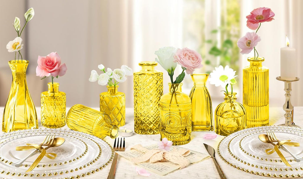 Light Yellow Glass Bud Vases Set, 24 Pcs Vintage Small Vases for Flowers, Crystal Mini Glasses in Bulk, Small Flower Design for Centerpieces Wedding Decorations Home Flower Party Decor