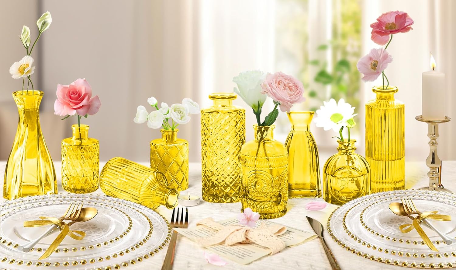 Light Yellow Glass Bud Vases Set, 24 Pcs Vintage Small Vases for Flowers, Crystal Mini Glasses in Bulk, Small Flower Design for Centerpieces Wedding Decorations Home Flower Party Decor