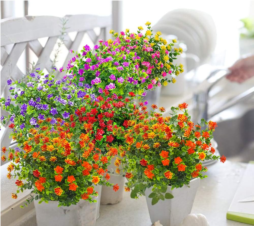 10 Bundles Artificial Fake Flowers, Faux Outdoor Plastic Plants UV Resistant Shrubs Outside Indoor Decorations (Orange-Eucalyptus)