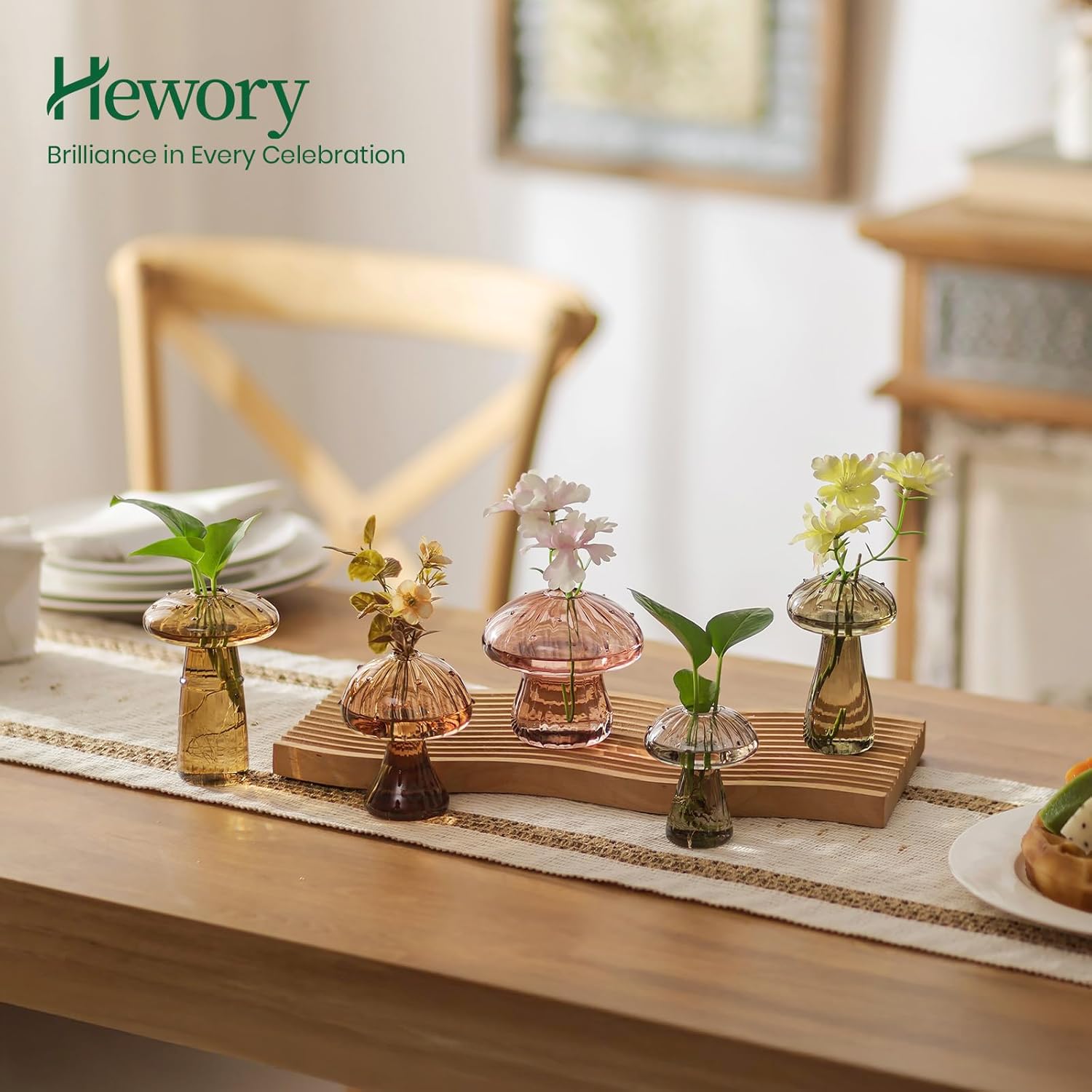 Hewory Glass Mushroom Propagation Stations: Set of 10 Unique Propagation Jars Glass Planter for Indoor Plants Home Decor - Amber Mushroom Vase Christmas Birthday Gifts for Plant Lovers Women Girls