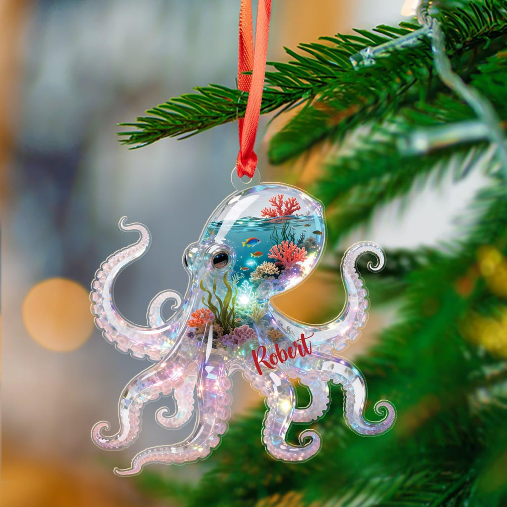 Octopus Sea Animal Shaped Ornament, Personalized Octopus Lover Acrylic Ornament, Ocean Themed Keepsake, Gift for Sea Animal Lover, Merry Christmas Ornaments 2025 with Custom Name Octopuses