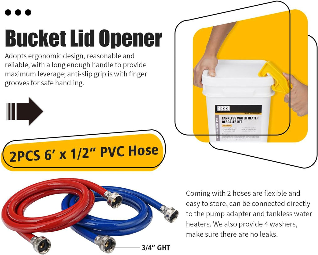 Tankless Water Heater Flushing Kit Includes 1/4HP Stainless Steel Pump with Two Adapters & 3 Gallons Pail with Bucket Lid Opener & Two 1/2” Dia X 6’ PVC Hoses with Washers