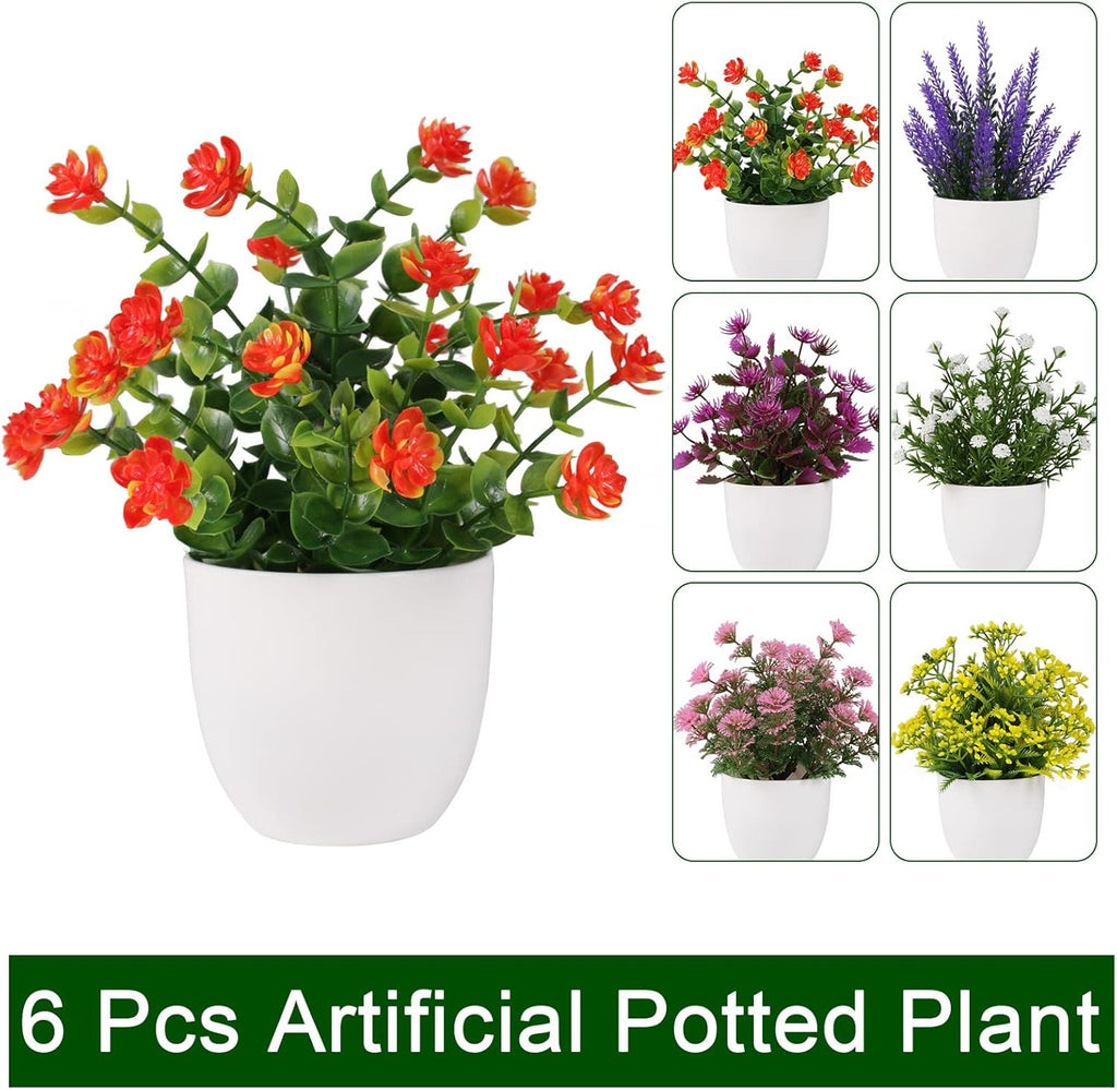 Artificial Small Plant 6pcs Fake Flower Potted Plant Bathroom Faux Plant for Indoor Decor Window Tabletop Office Colorful Flower