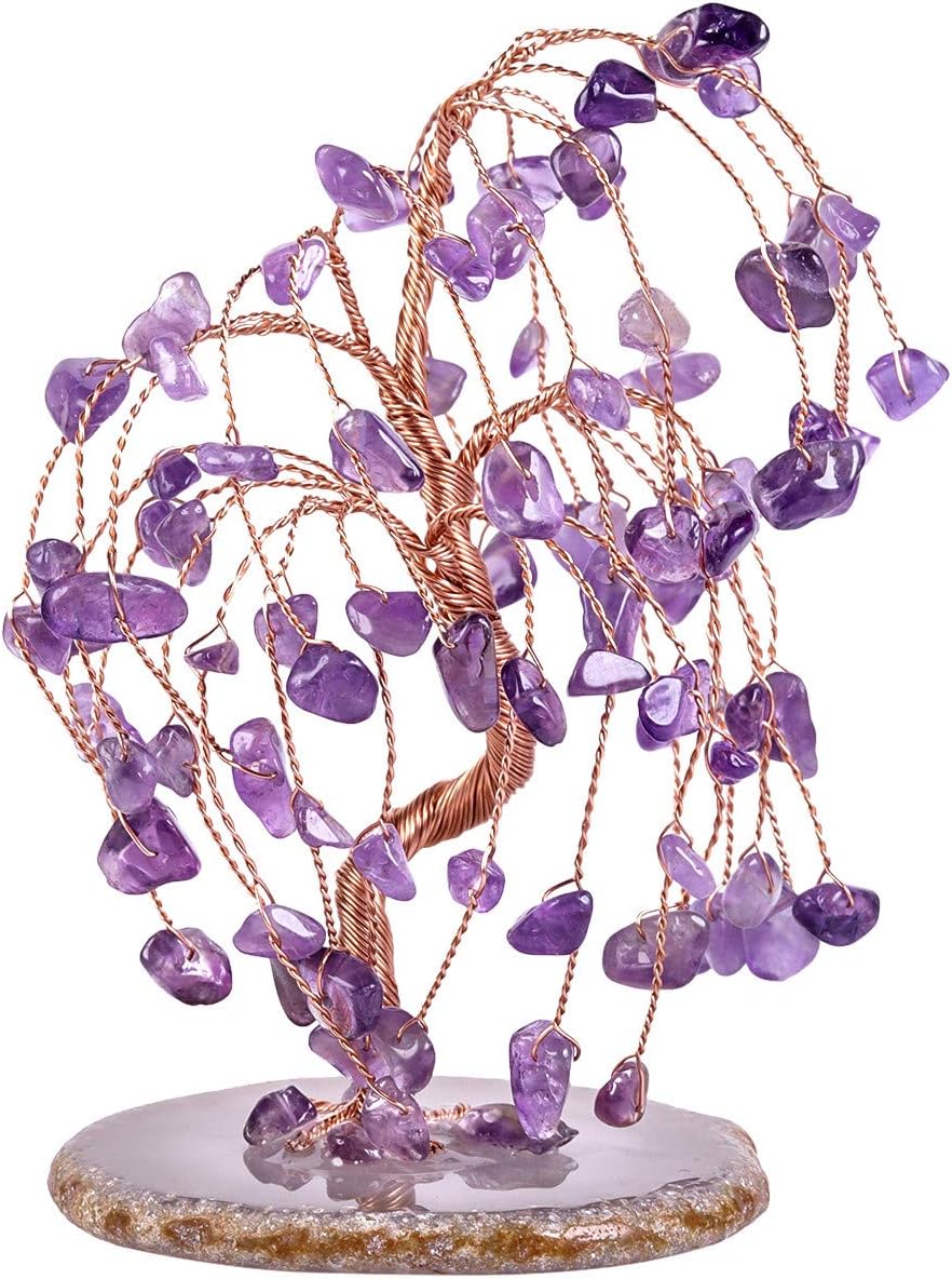 mookaitedecor Amethyst Crystal Tree Tumbled Stones, Geode Agate Slices Base Money Tree Decoration for Wealth and Luck 5.7"-6.7"