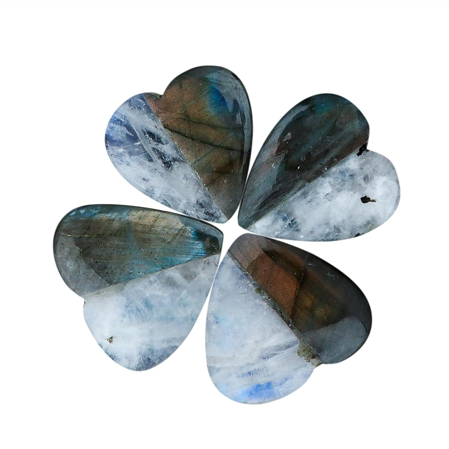 CRYSTALIS 4pcs Natural Doublet Labradorite & Moonstone Hearts, Loose Gemstone, Wholesale Bulk Cabochons, Jewelry Making Supply, Chakra Healing Polished Stones, Wire Wrapping, DIY, Gem Collection