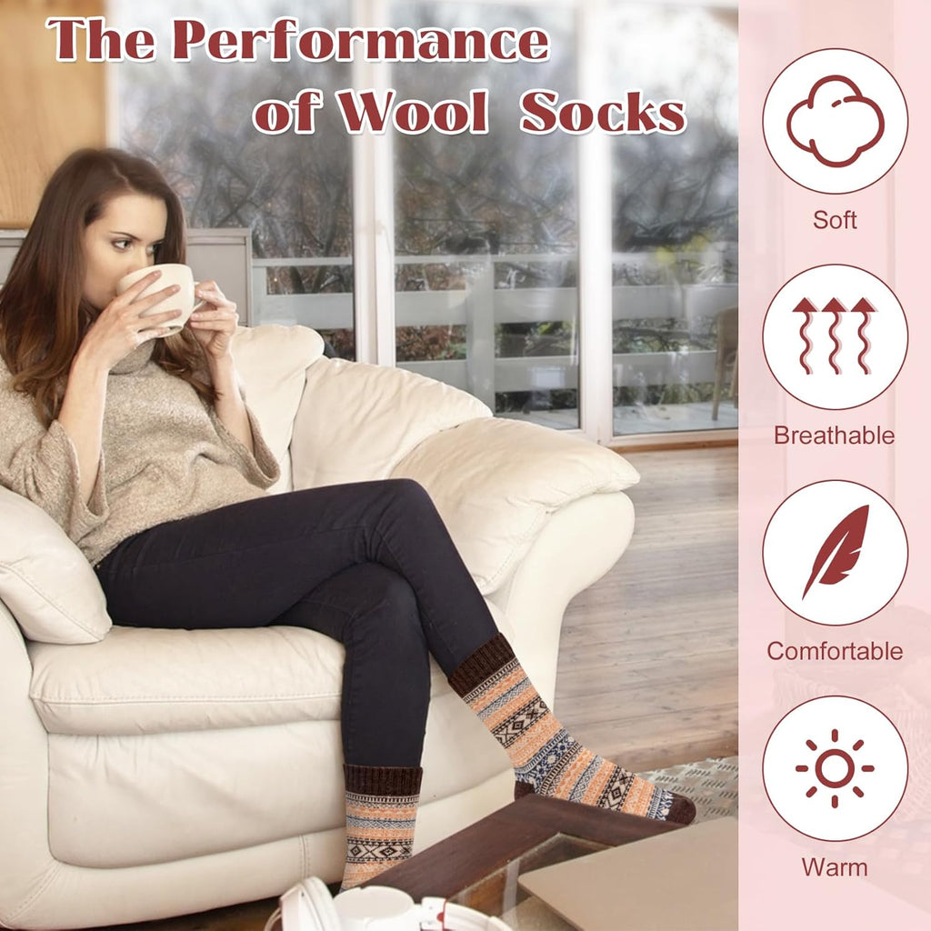 Justay 5 Pairs Wool Socks for Women - Winter Thick Boot Cozy Crew Vintage Soft Calf Knit Warm Socks Gifts
