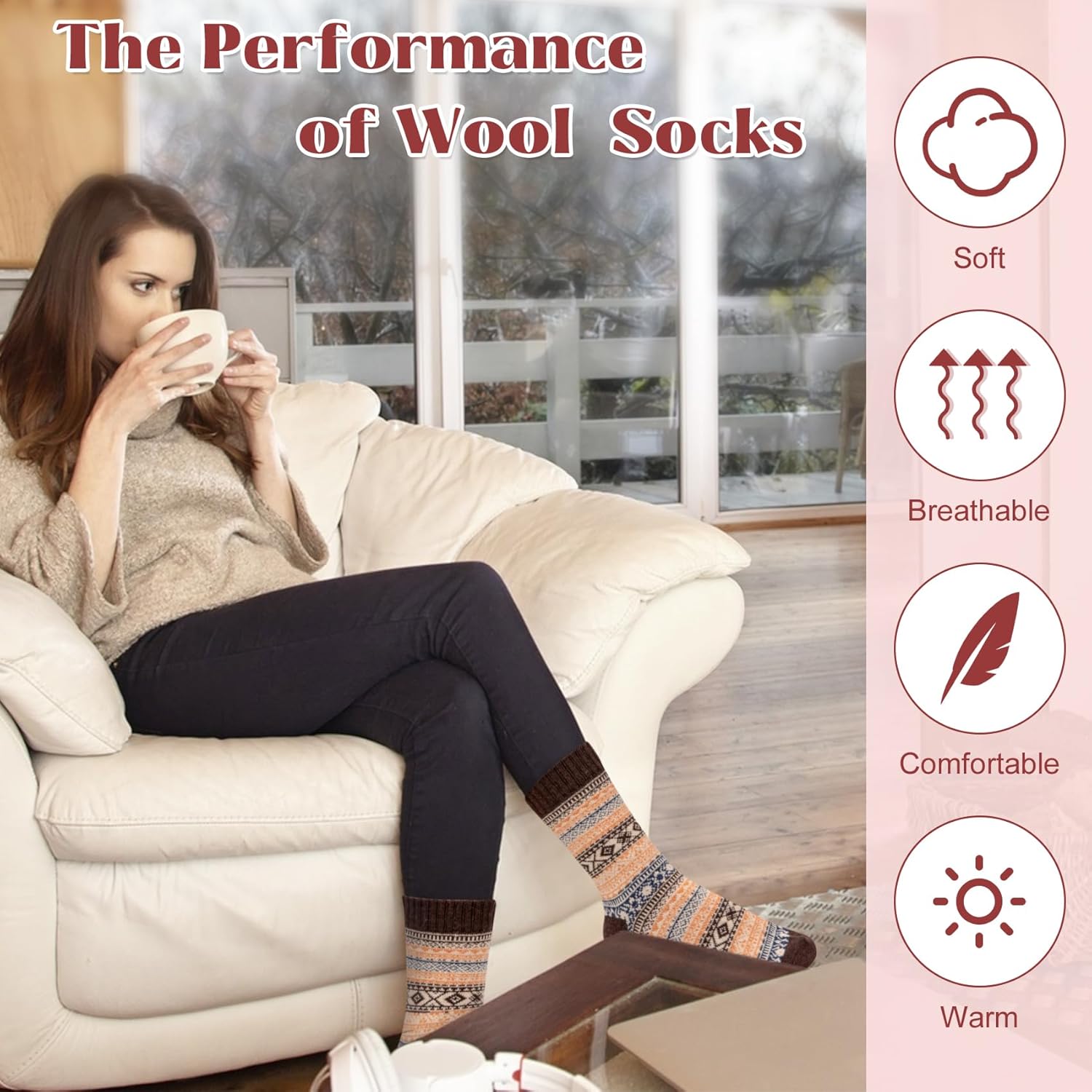 Justay 5 Pairs Wool Socks for Women - Winter Thick Boot Cozy Crew Vintage Soft Calf Knit Warm Socks Gifts