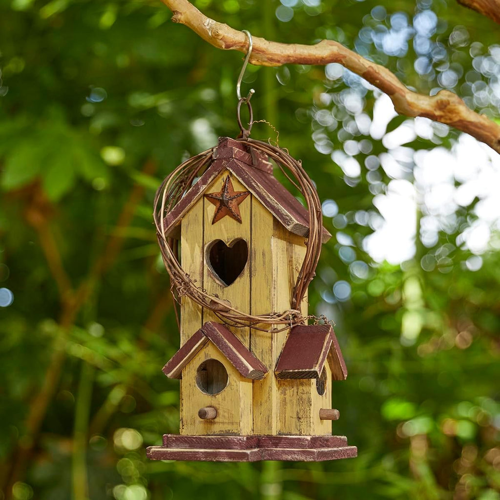 Glitzhome Birdhouses for Outdoors,Hummingbird Houses for Outside, 11.5"H Yellow Hand Painted Distressed Solid Wood Bird Nesting Box Decorative Birdhouse with Rattan Hanging Bird House for Patio Garden