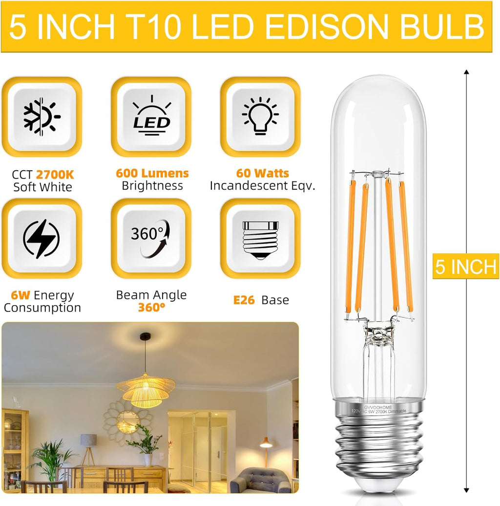 Tubular Light Bulb,T10 E26 LED Bulb Dimmable 2700K Warm White, 6W, 60 watt Equivalent, e26 Edison Bulbs for Chandeliers, Ceiling Fan, 90+CRI 600LM, 6 Pack
