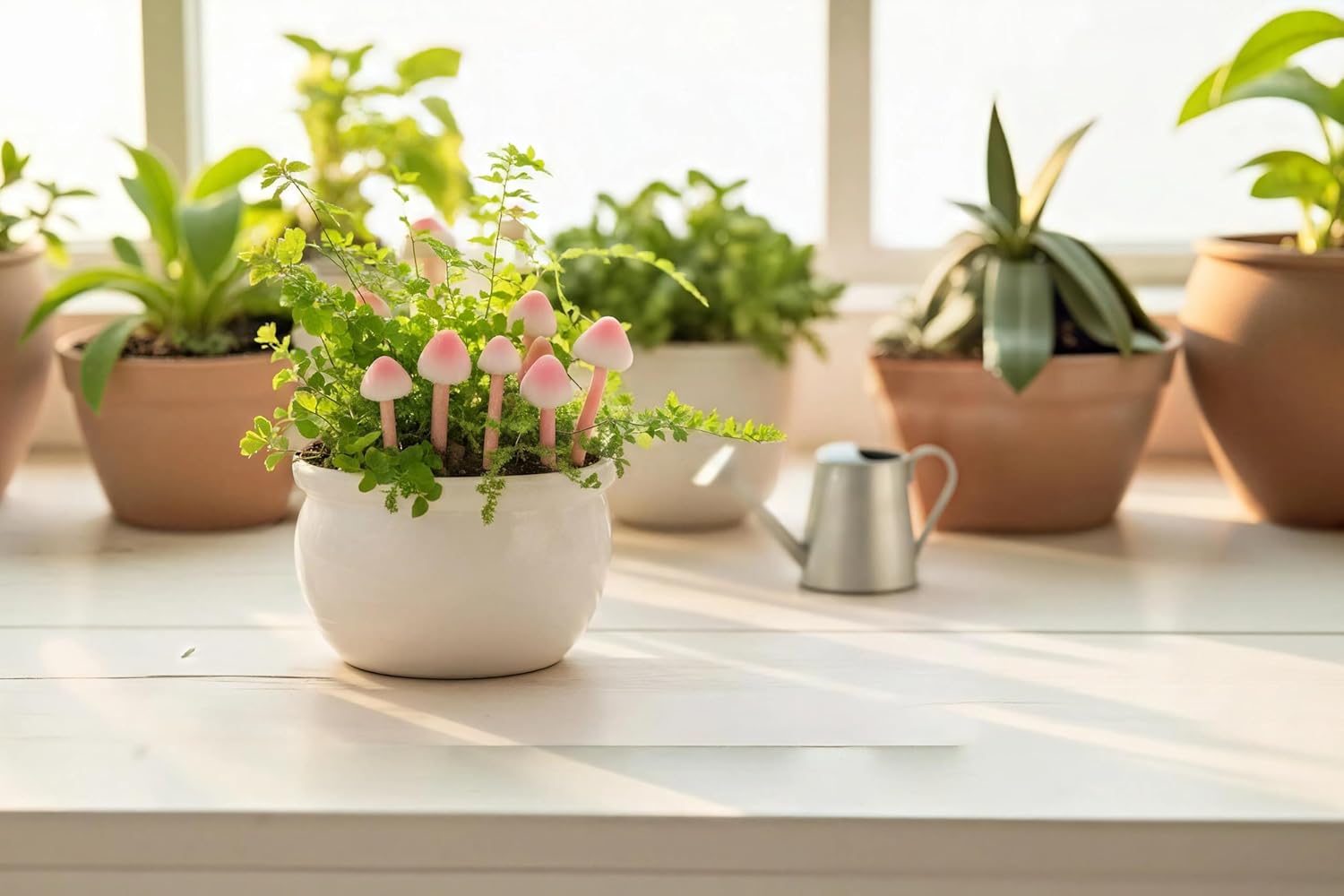 8-Pcs Handmade Glittery Pink Resin Mini Mushrooms for Fairy Desk Plants, Miniature Terrarium Decor & Micro Landscape (not Include The vase)