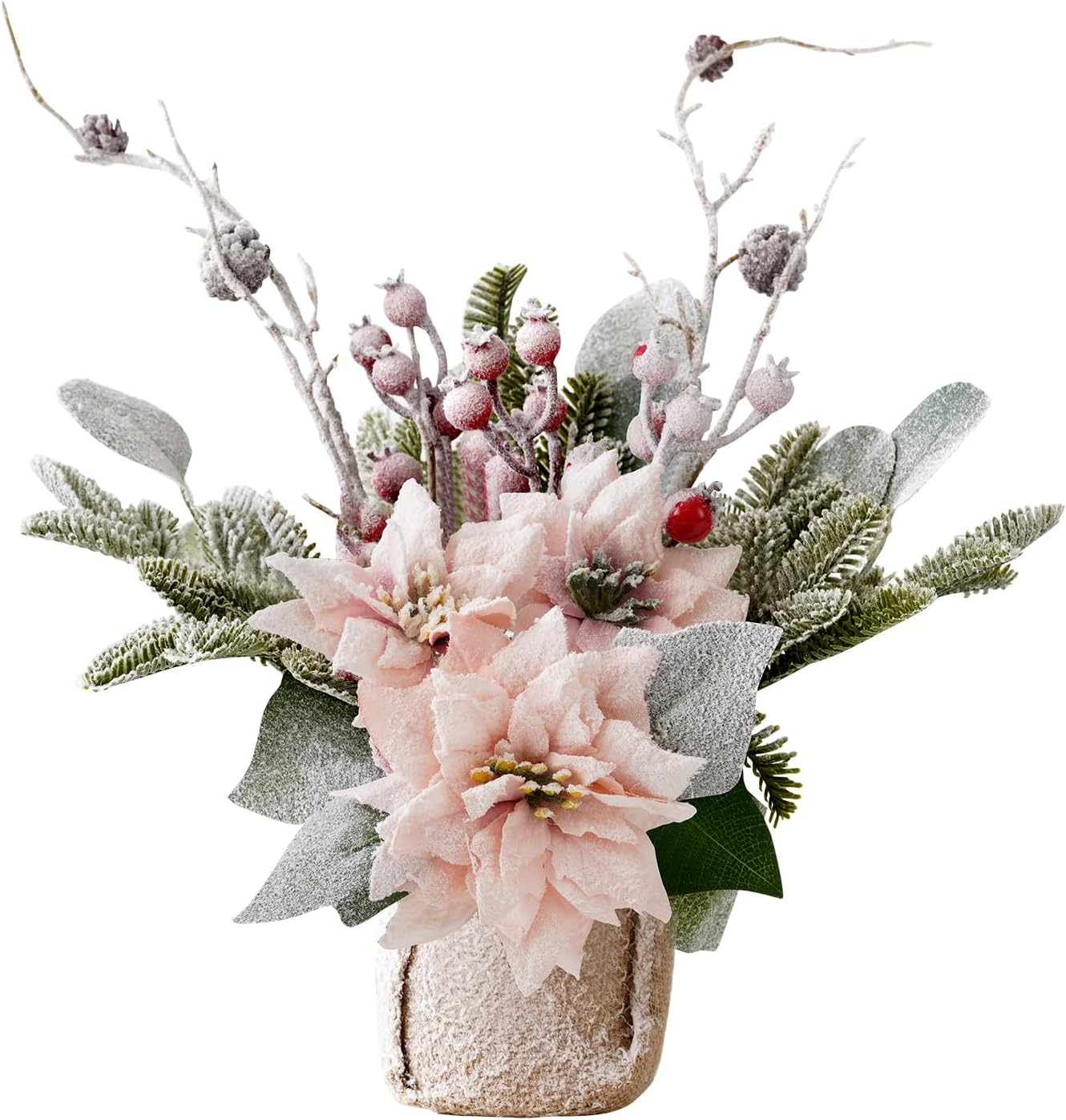 Artificial Poinsettias Christmas Flowers with Red Berry Pine Cone Branches Linen Base,12” Faux Poinsettias Plants for Home Office Table Fireplace Winter Indoor Christmas Decorations Pink